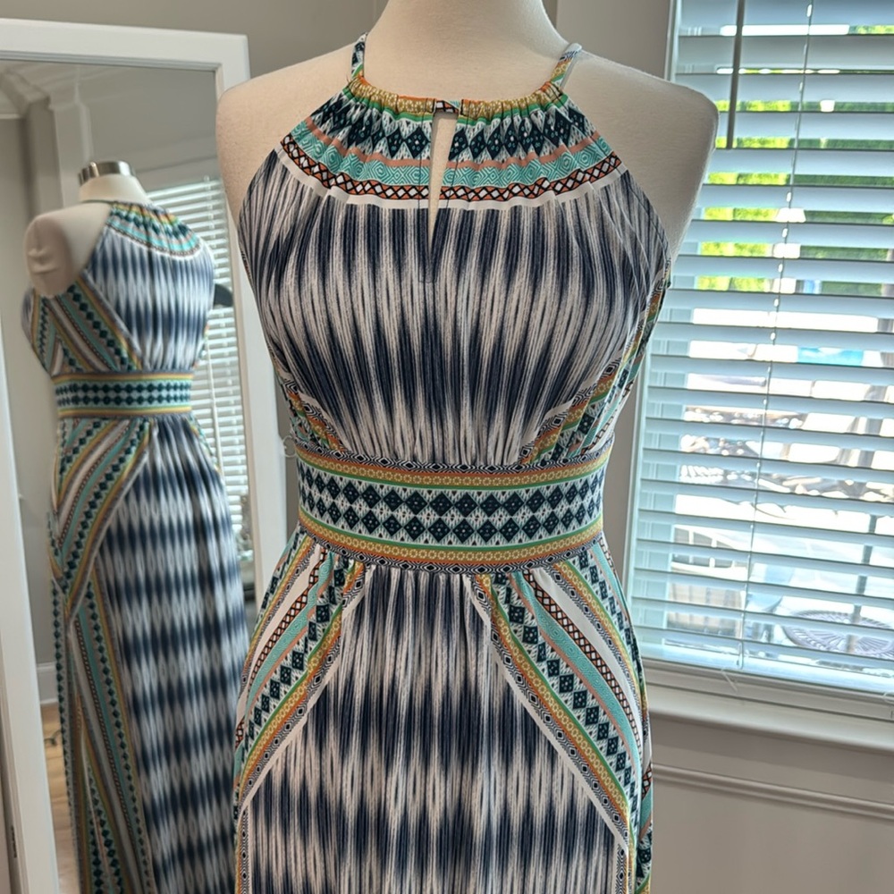 London Times Blue and White Halter Sheath Maxi Dress